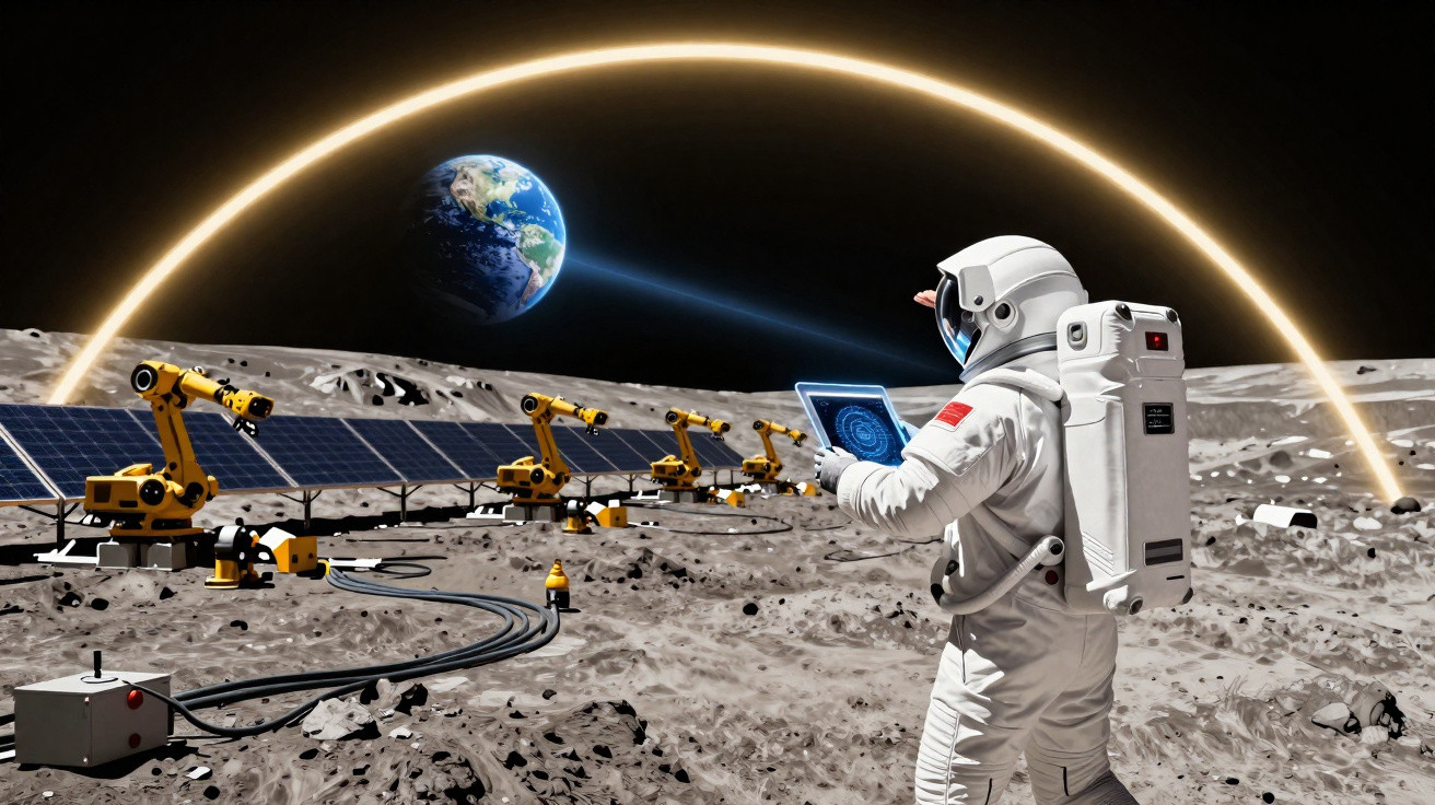 Astronauta na Lua operando robôs com painéis solares, Terra visível ao fundo e arco luminoso no céu.