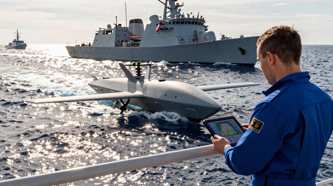 Militar controla drone marítimo próximo a navios de guerra em alto mar sob sol do fim da tarde.