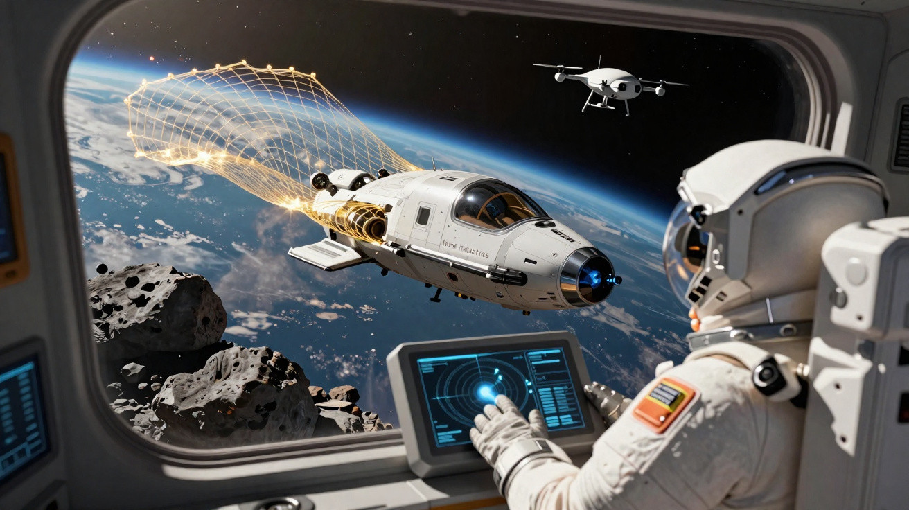Astronauta controla nave espacial enquanto captura asteróides com uma rede no espaço, visto de dentro da cabine.