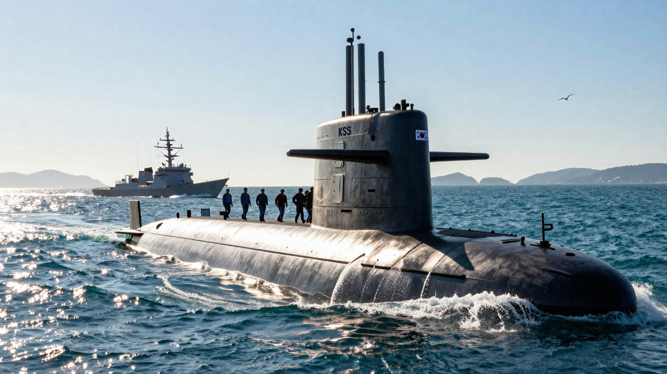Submarino militar preto com cinco pessoas em cima navegando próximo à costa em mar calmo sob céu claro.