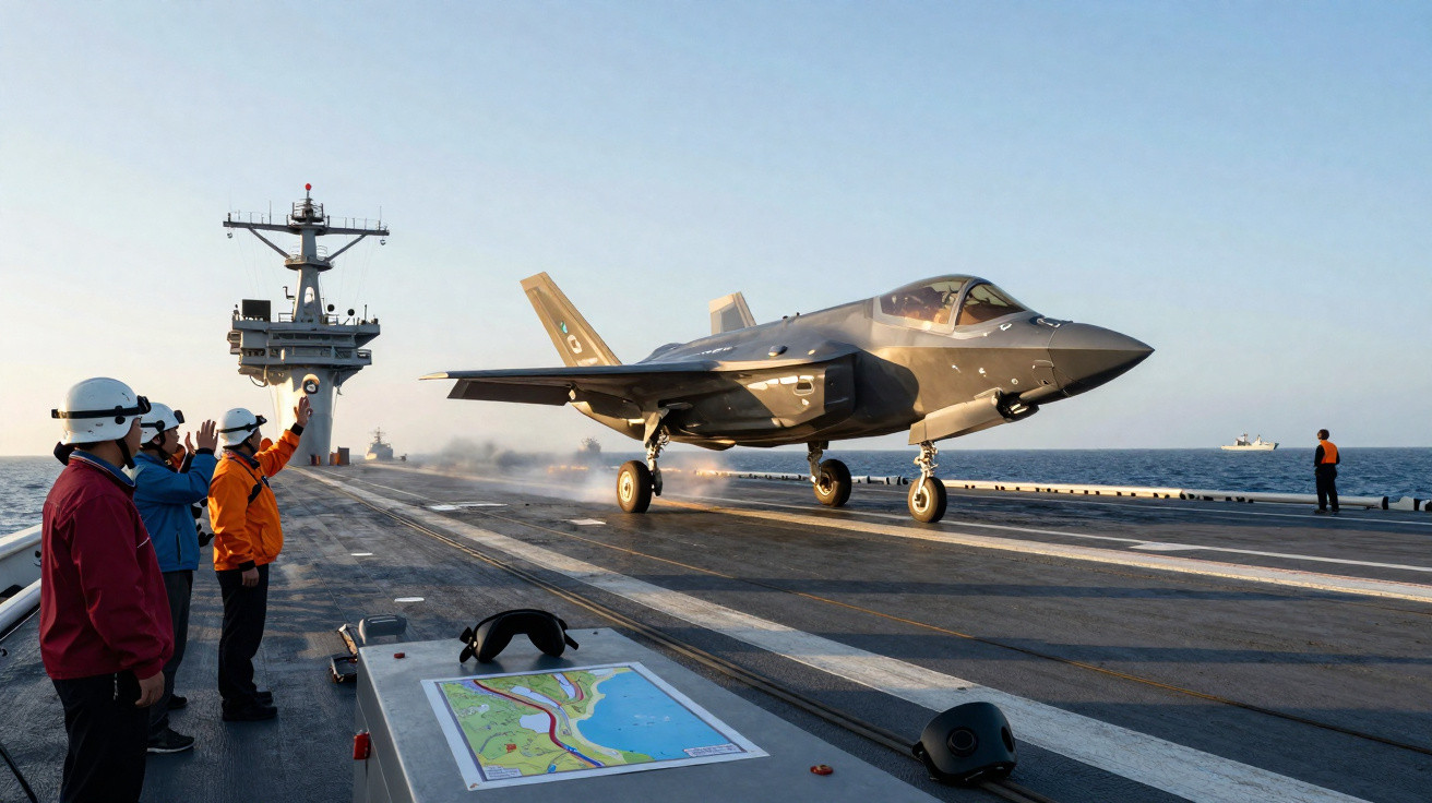 Caça F-35 decolando de porta-aviões com tripulação observando e acenando no convés ao amanhecer.