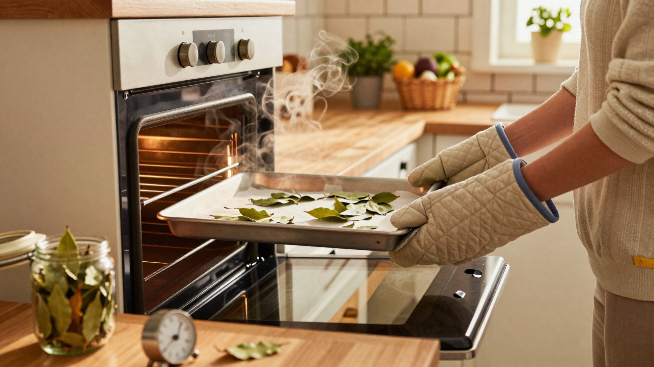 Pessoa retirando folhas de louro quentes de uma assadeira com luvas de forno numa cozinha iluminada.