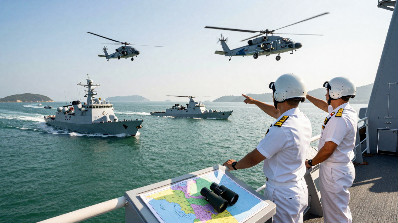 Dois militares em navio naval apontam para dois helicópteros em voo e dois navios de guerra no mar calmo.