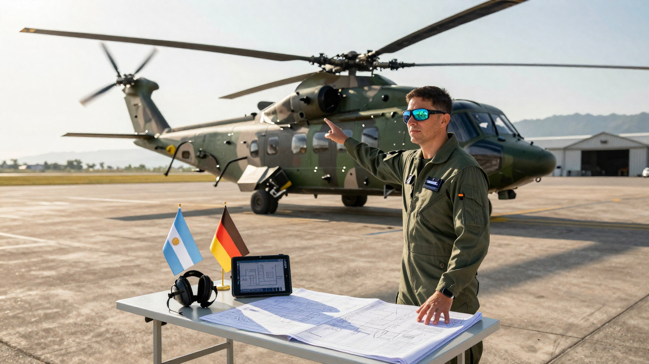 Homem de uniforme militar com óculos de sol opera aeronave verde em pista, com mesa, plantas e bandeiras da Argentina e Alema