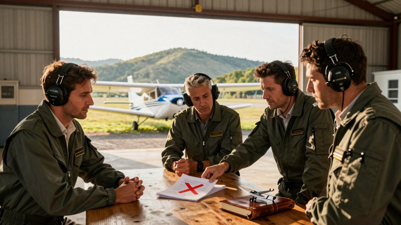 Quatro pilotos em uniforme e fones discutem documento com X vermelho em mesa de madeira no hangar.