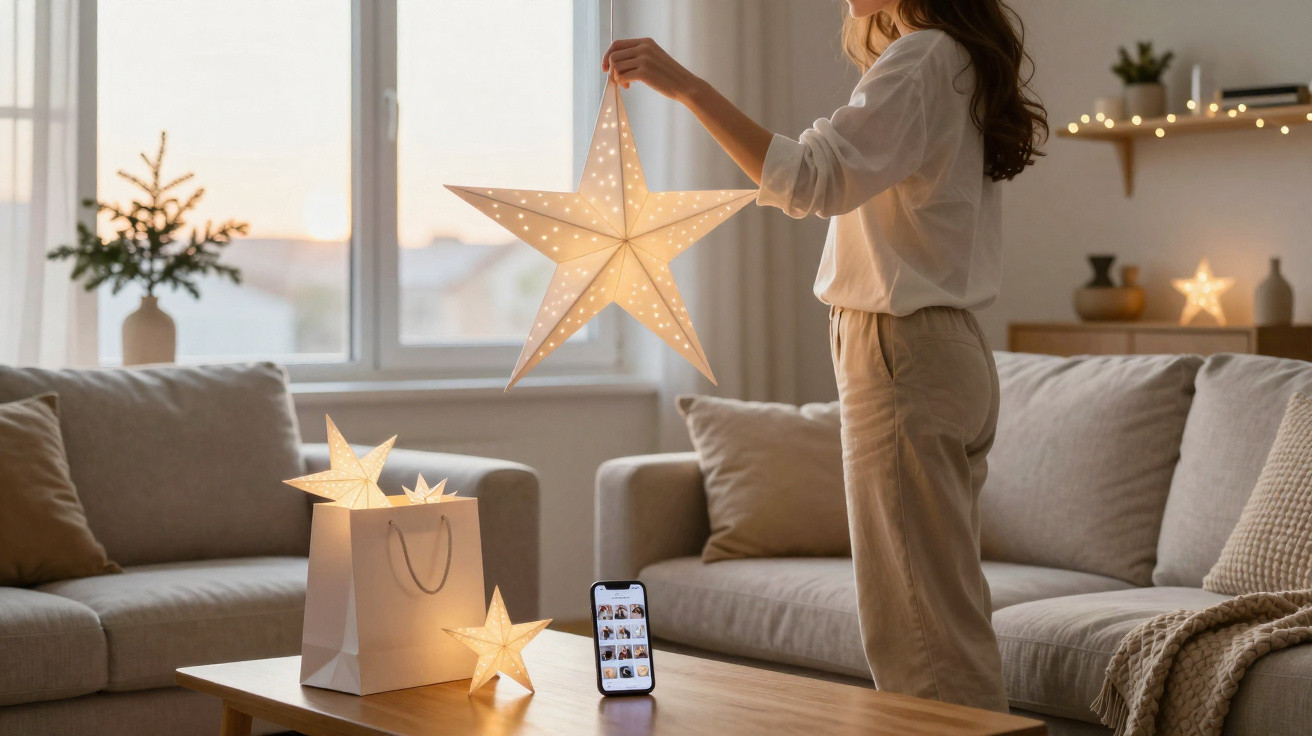 Mulher segurando uma estrela iluminada decorativa em sala de estar ao entardecer.