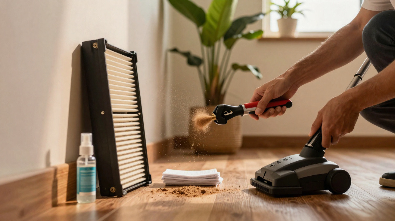 Pessoa limpando filtro de aspirador com pincel próximo a pó no chão de piso de madeira.