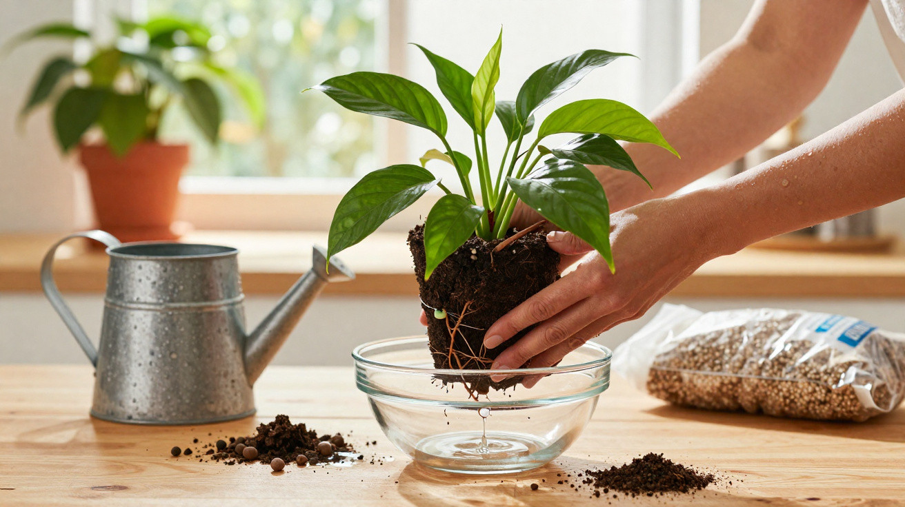 Pessoa transplantando planta com substrato dentro de um vaso de vidro na mesa de madeira.