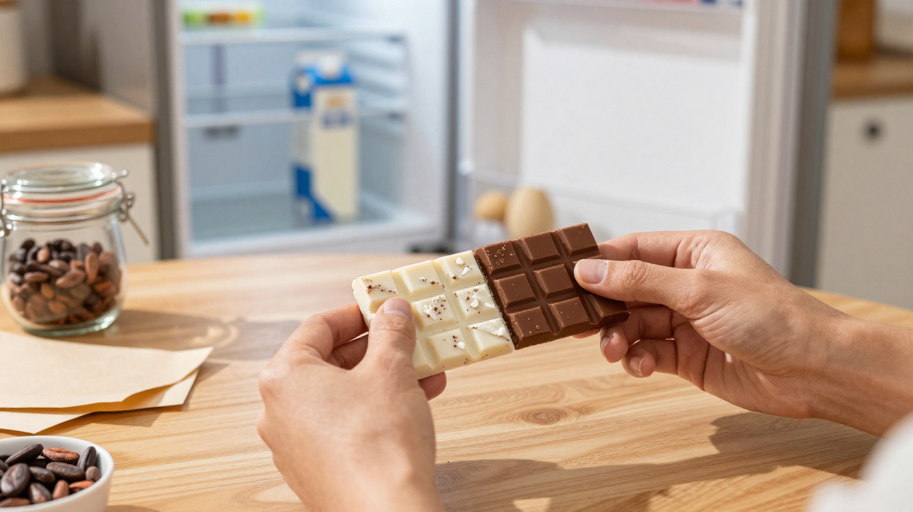 Mãos segurando barra de chocolate meio amargo e branco sobre mesa de madeira, com pote de grãos ao fundo.