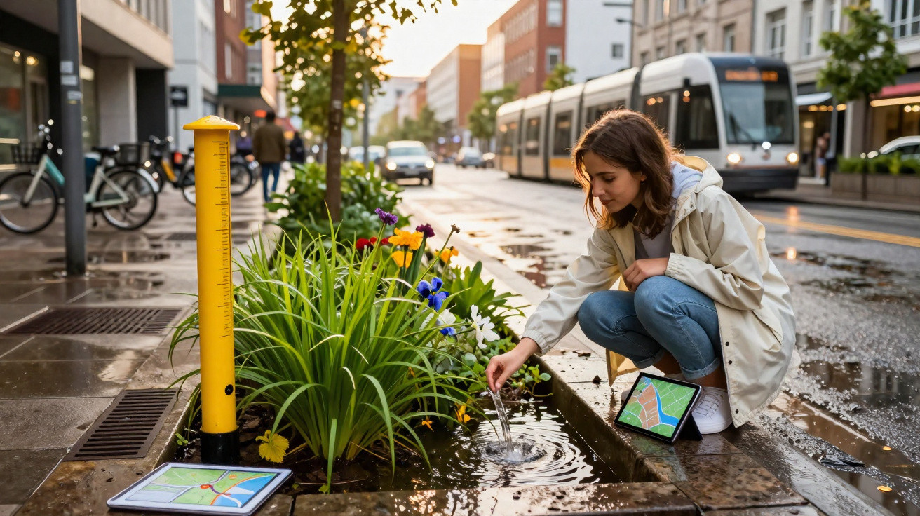 Mulher agachada mexe na água de jardim urbano com tablet aberto mostrando mapa digital ao lado.