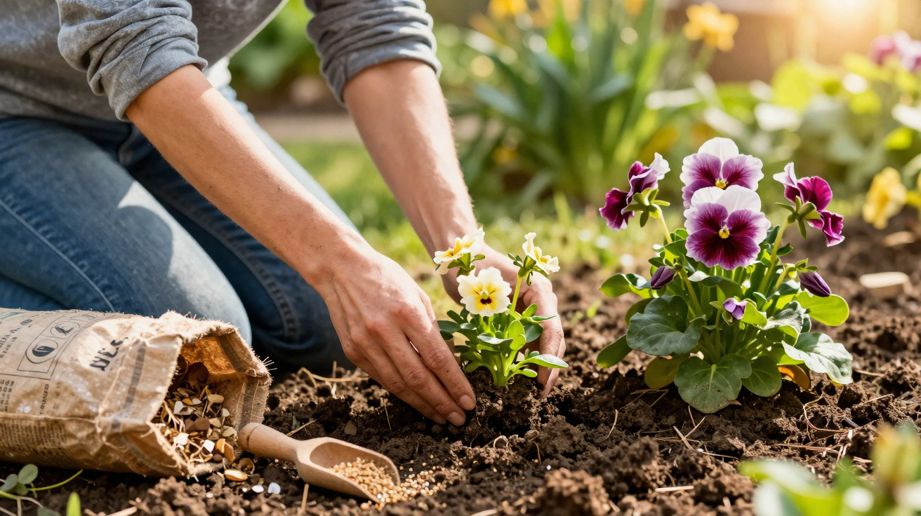 Pessoa plantando violetas em solo fértil em jardim ensolarado, ao lado de saco de sementes aberto.