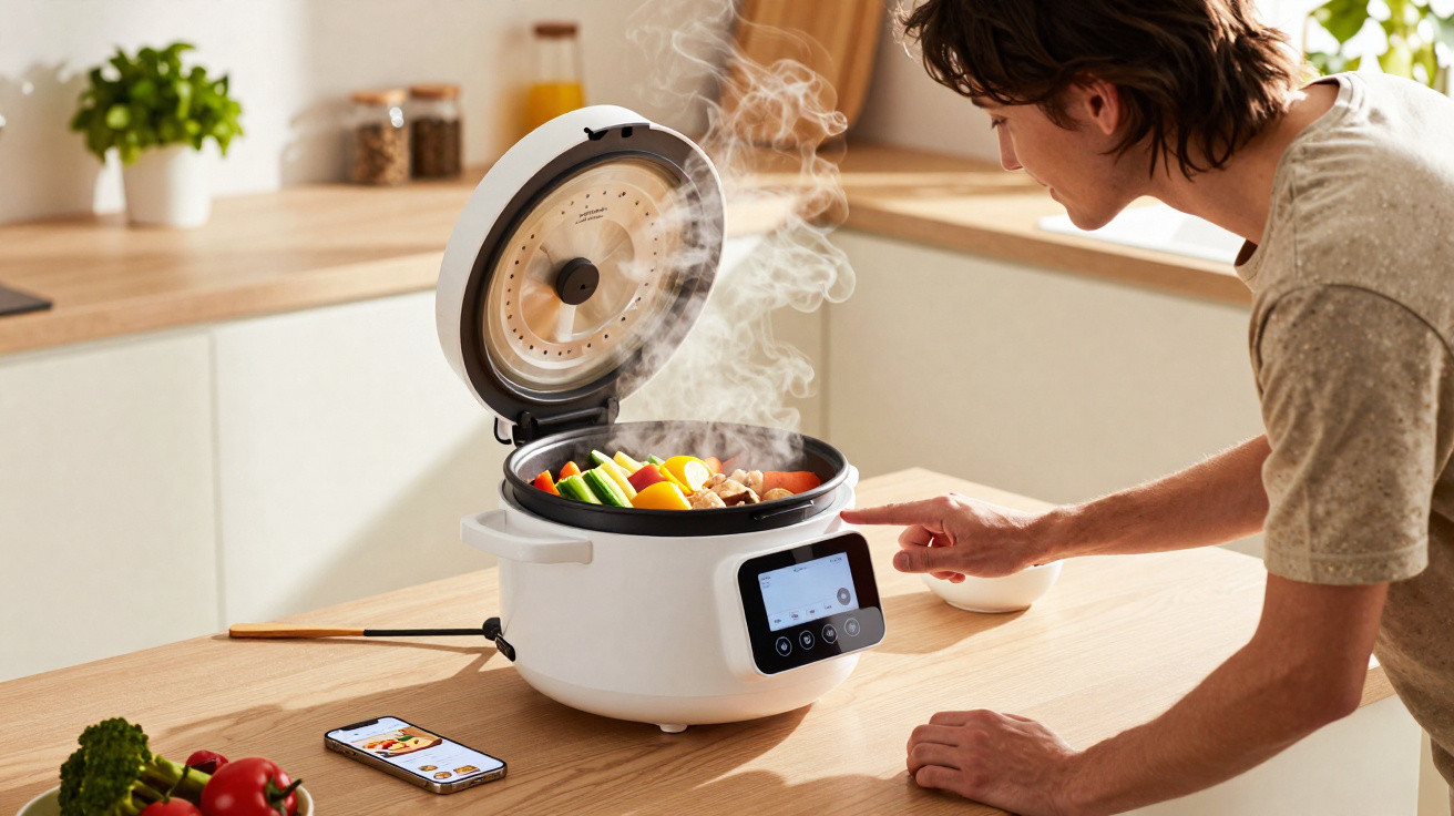 Homem usando panela elétrica inteligente com alimentos vaporando em cozinha moderna iluminada.