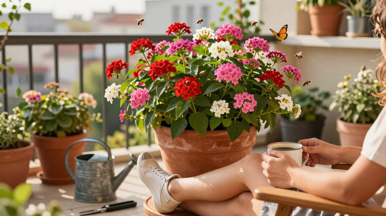 Pessoa sentada segurando xícara ao lado de vasos com flores coloridas e abelhas em varanda ensolarada.