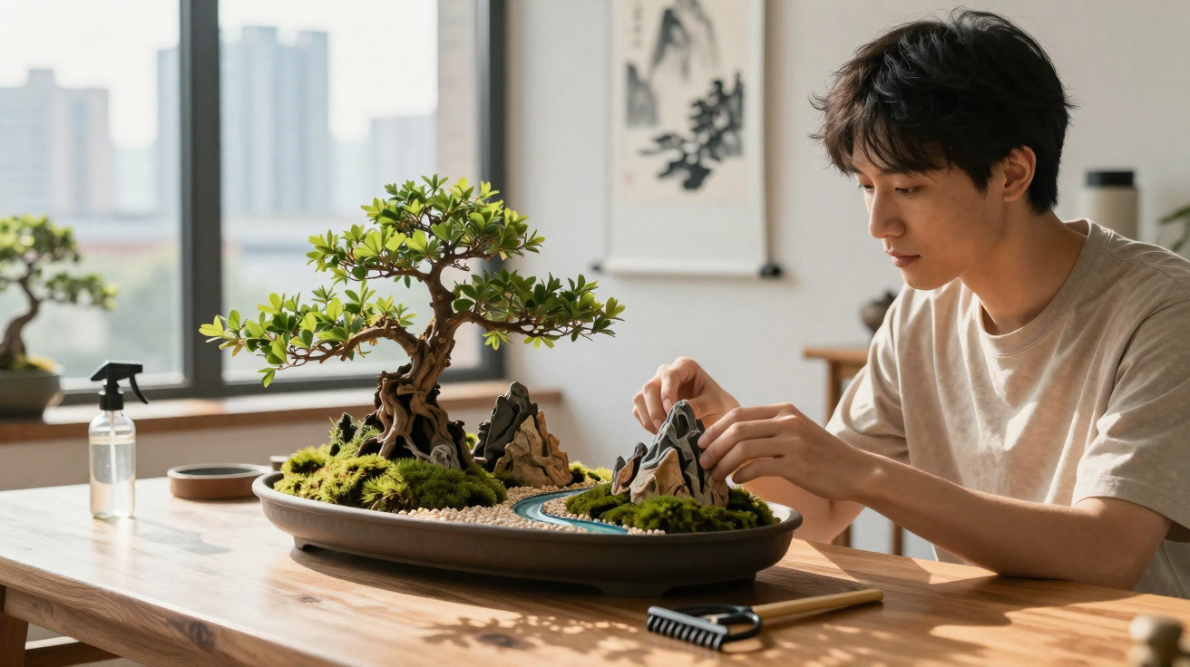 Jovem cuidando de mini jardim com árvore bonsai e pedras decorativas sobre mesa de madeira em ambiente iluminado.