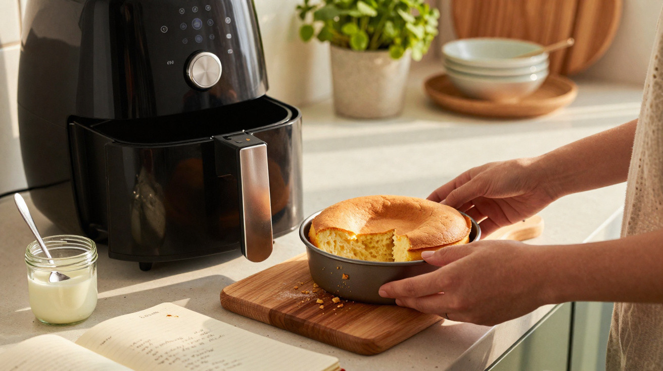Pessoa retirando bolo assado de panela na bancada da cozinha perto de airfryer preta e caderno aberto.