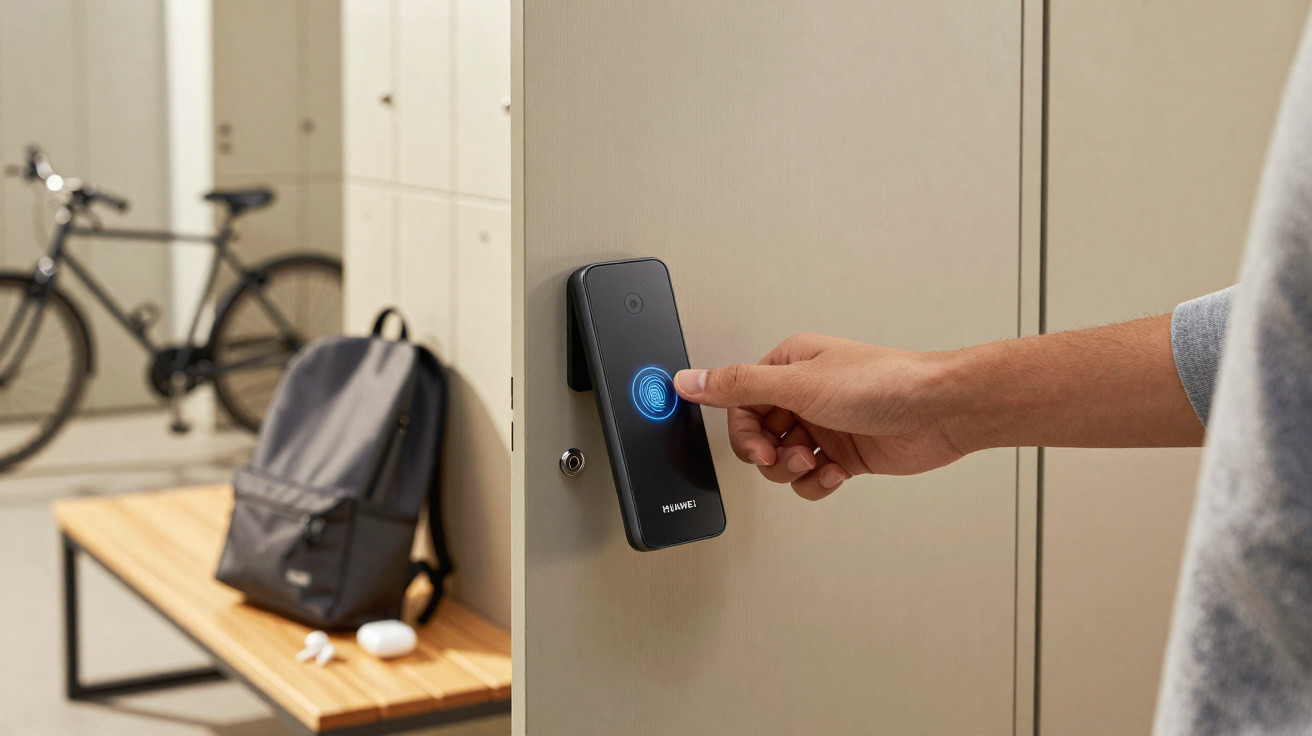 Pessoa usando fechadura digital biométrica para abrir armário em ambiente com banco, mochila e bicicleta ao fundo.