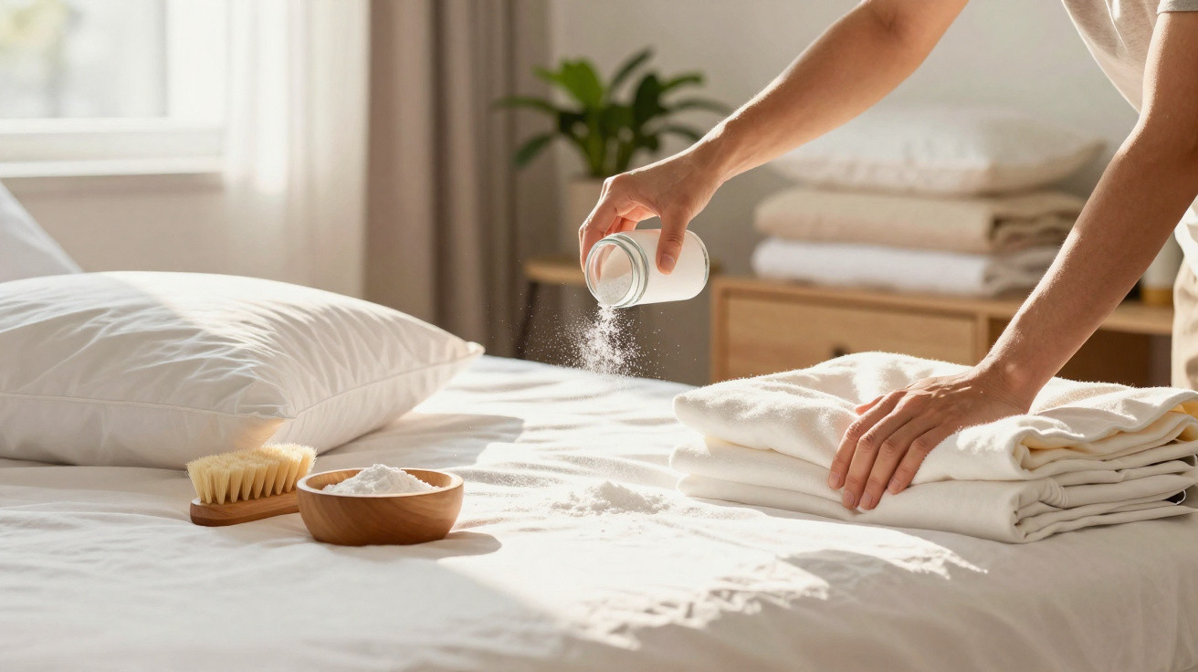 Pessoa polvilhando bicarbonato de sódio em roupas brancas dobradas em uma cama com luz natural.