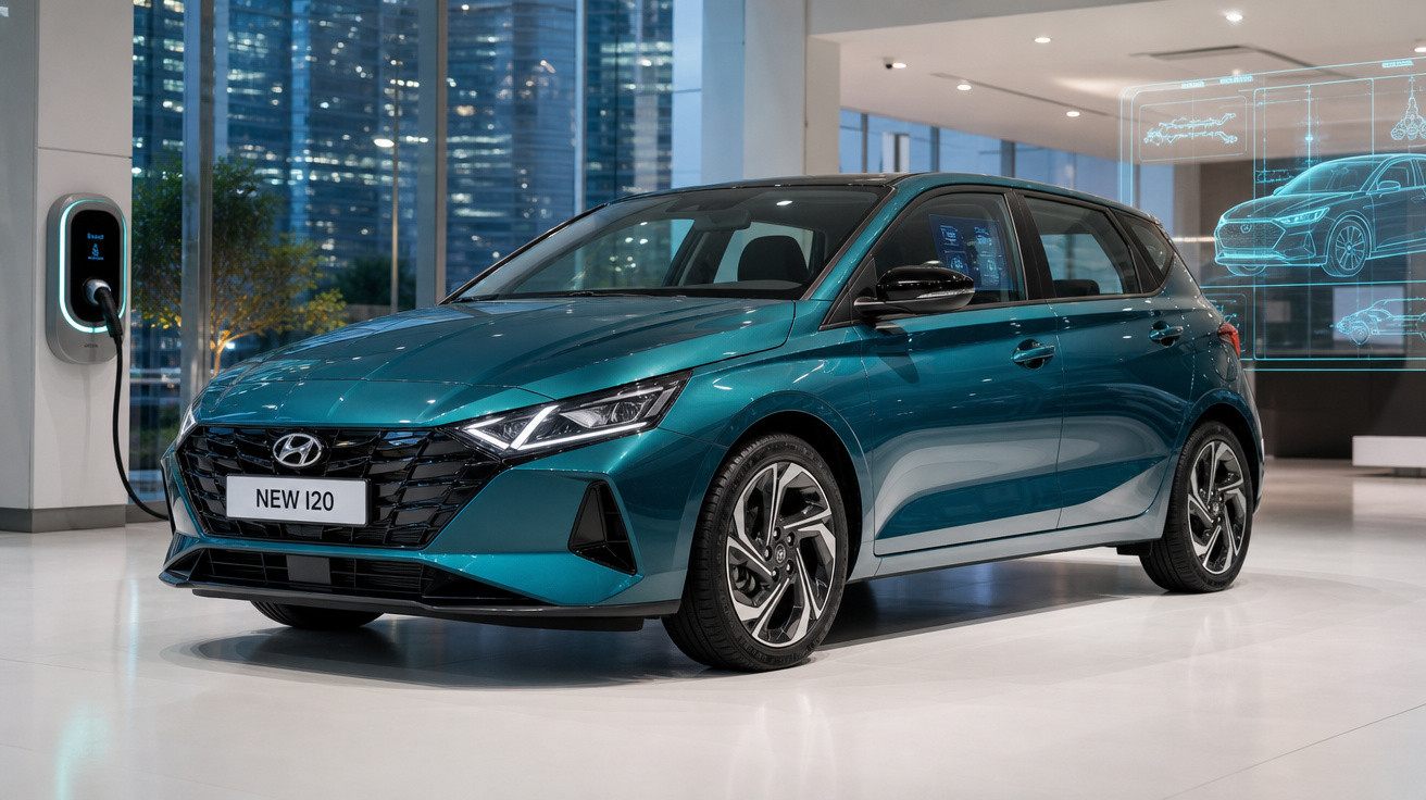 Carro Hyundai New i20 azul em ambiente interno com carregador elétrico ao fundo e holograma do veículo.