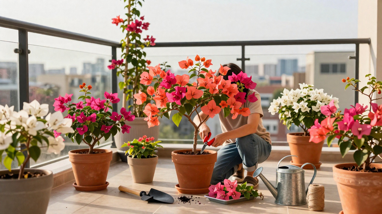 Pessoa cuidando de flores coloridas em vasos no terraço de apartamento ensolarado.