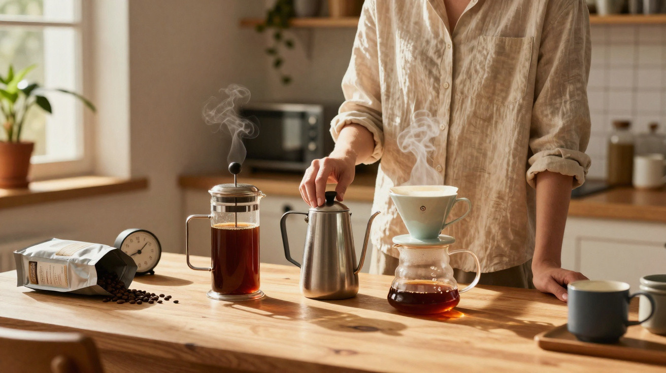 Pessoa preparando café coado em ambiente iluminado com acessórios e grãos em mesa de madeira.