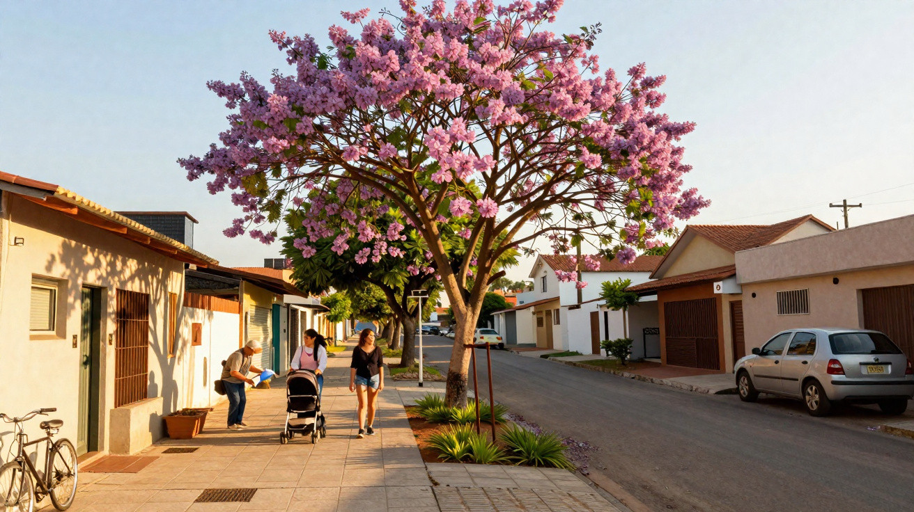 Rua residencial com pessoas caminhando, árvore florida com flores rosas e casas ao fundo sob luz do dia.