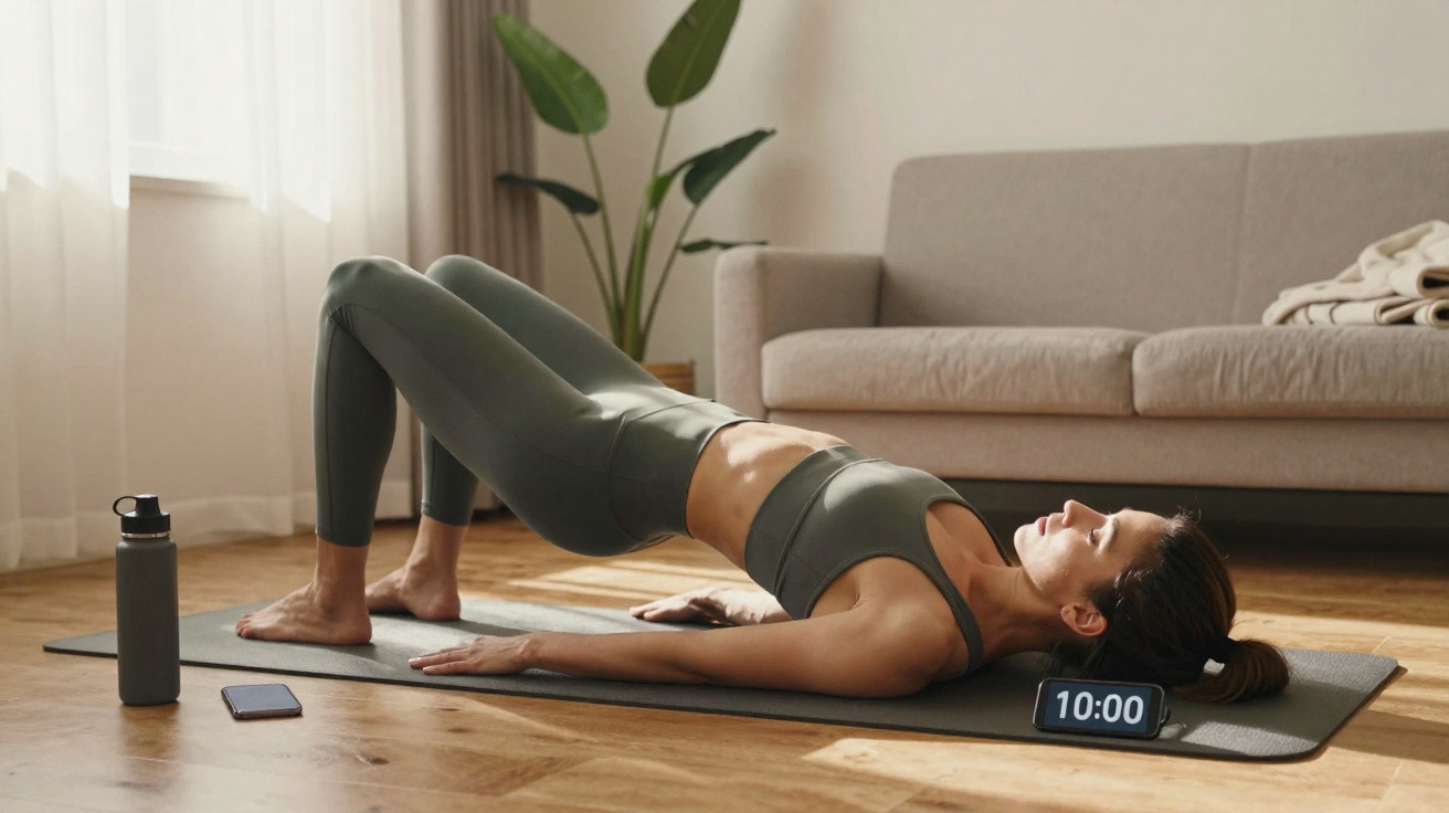 Mulher fazendo exercício de ponte no tapete de yoga na sala, com garrafa, celular e timer ao lado.