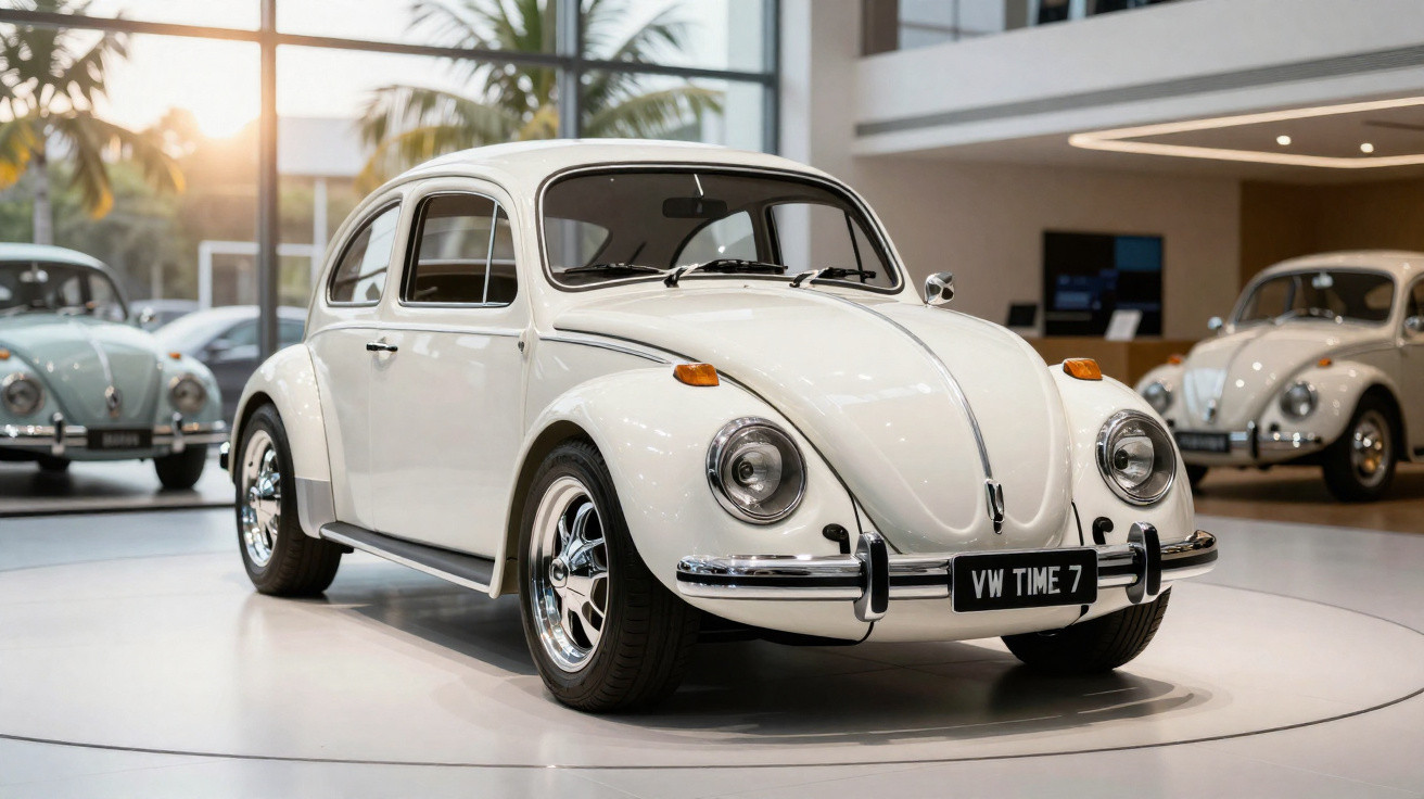 Carro clássico Volkswagen Fusca branco exposto em ambiente interno com luz natural.