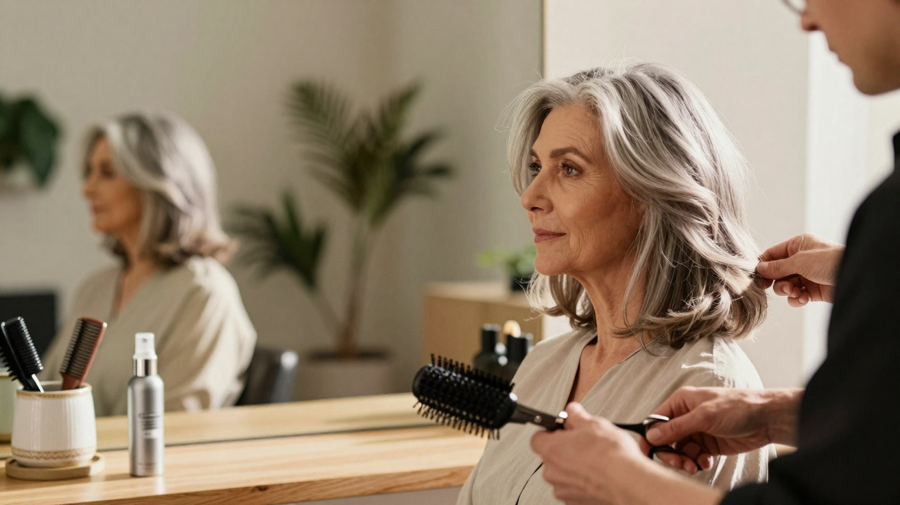 Mulher madura sentada em salão de beleza enquanto profissional penteia seu cabelo grisalho.