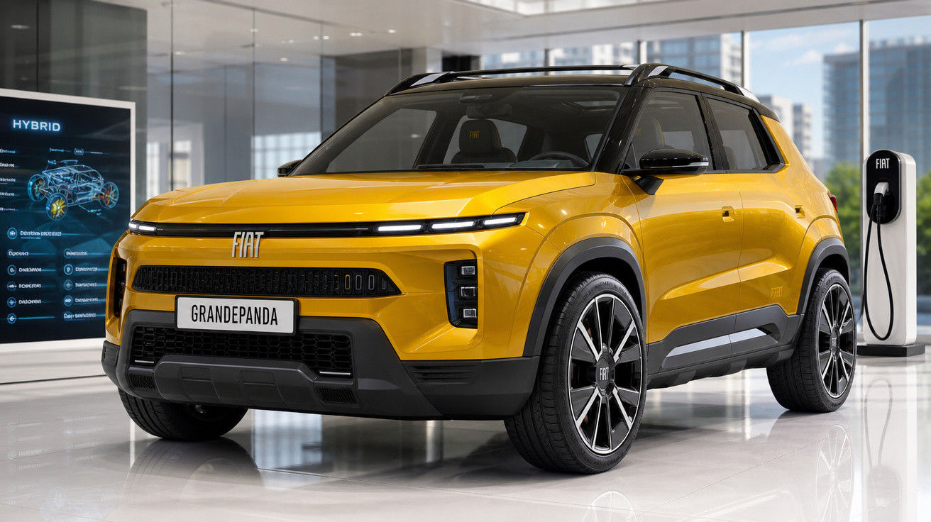 SUV elétrico Fiat GrandePanda amarelo em showroom moderno com estação de recarga ao fundo.