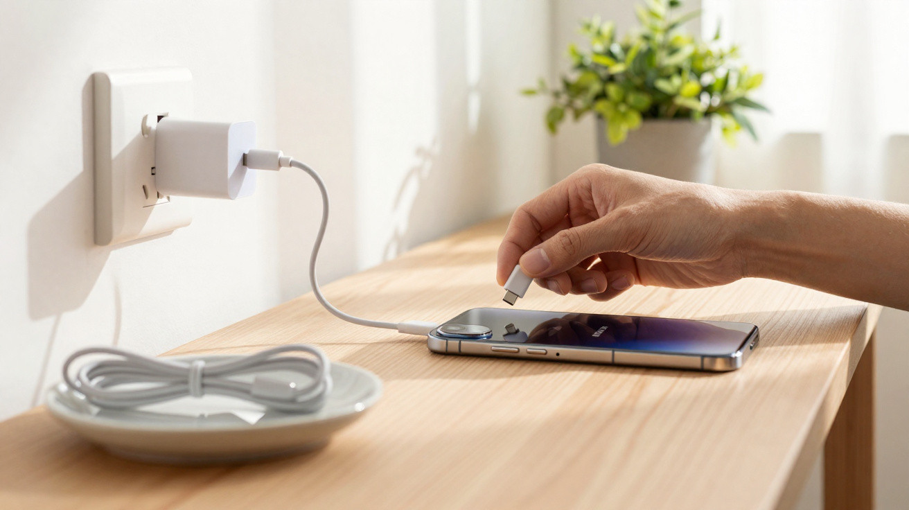 Mão conectando cabo USB-C para carregar smartphone sobre mesa de madeira iluminada por luz natural.