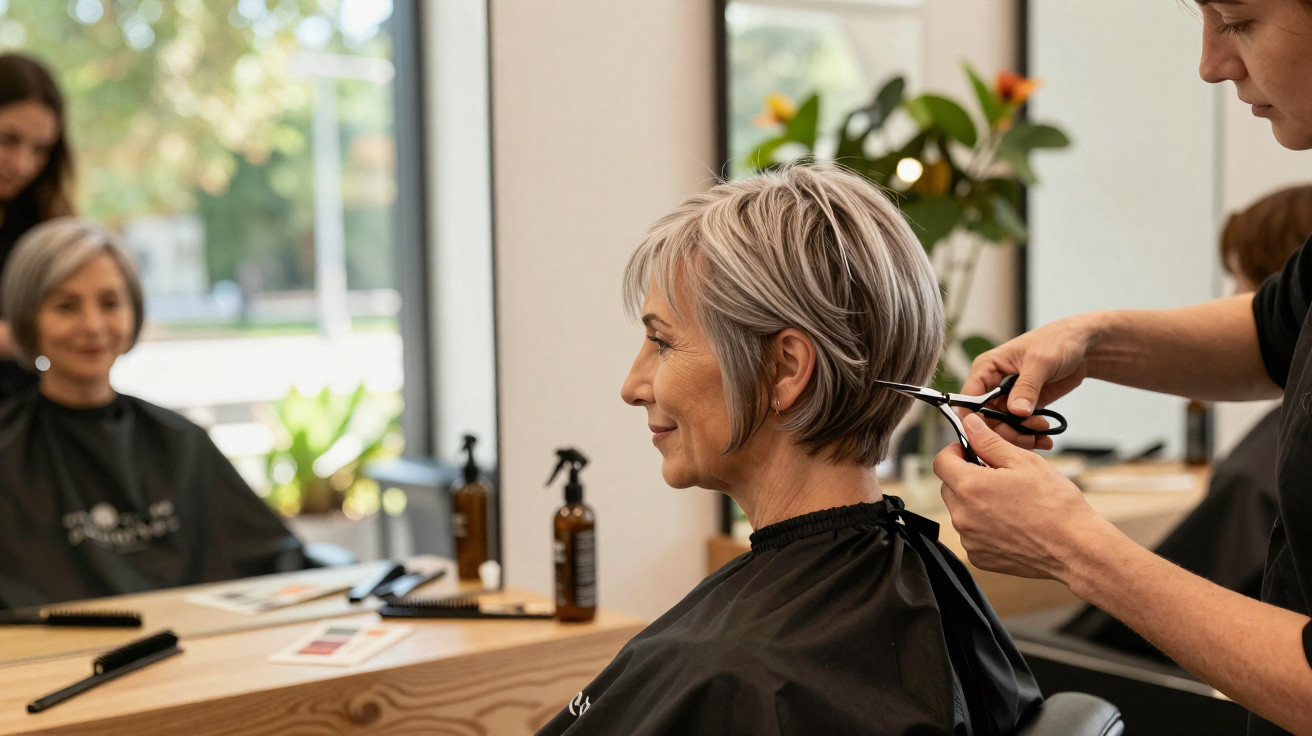 Mulher com cabelo curto grisalho recebendo corte de cabelo em salão moderno e iluminado.