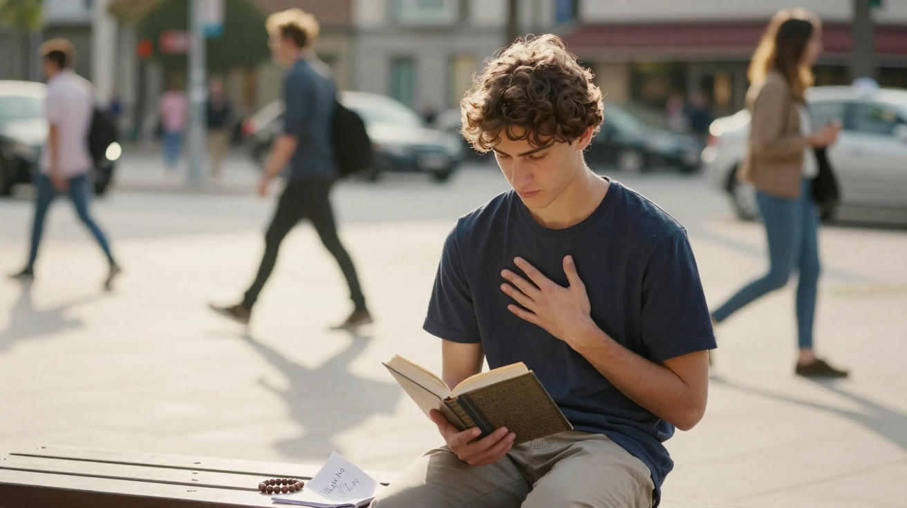 Jovem sentado em banco lendo livro com expressão reflexiva em praça movimentada ao entardecer.