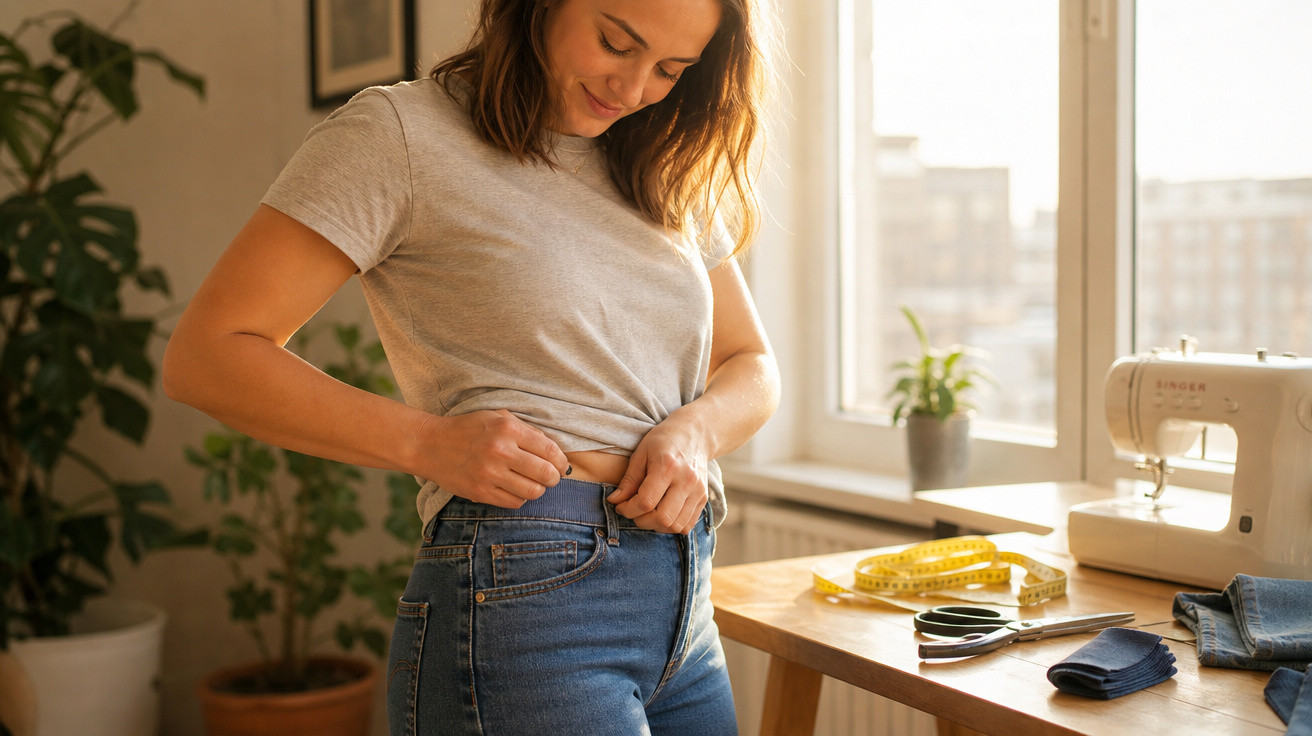 Mulher medindo a cintura antes de ajustar calça jeans em ambiente iluminado e com máquina de costura.