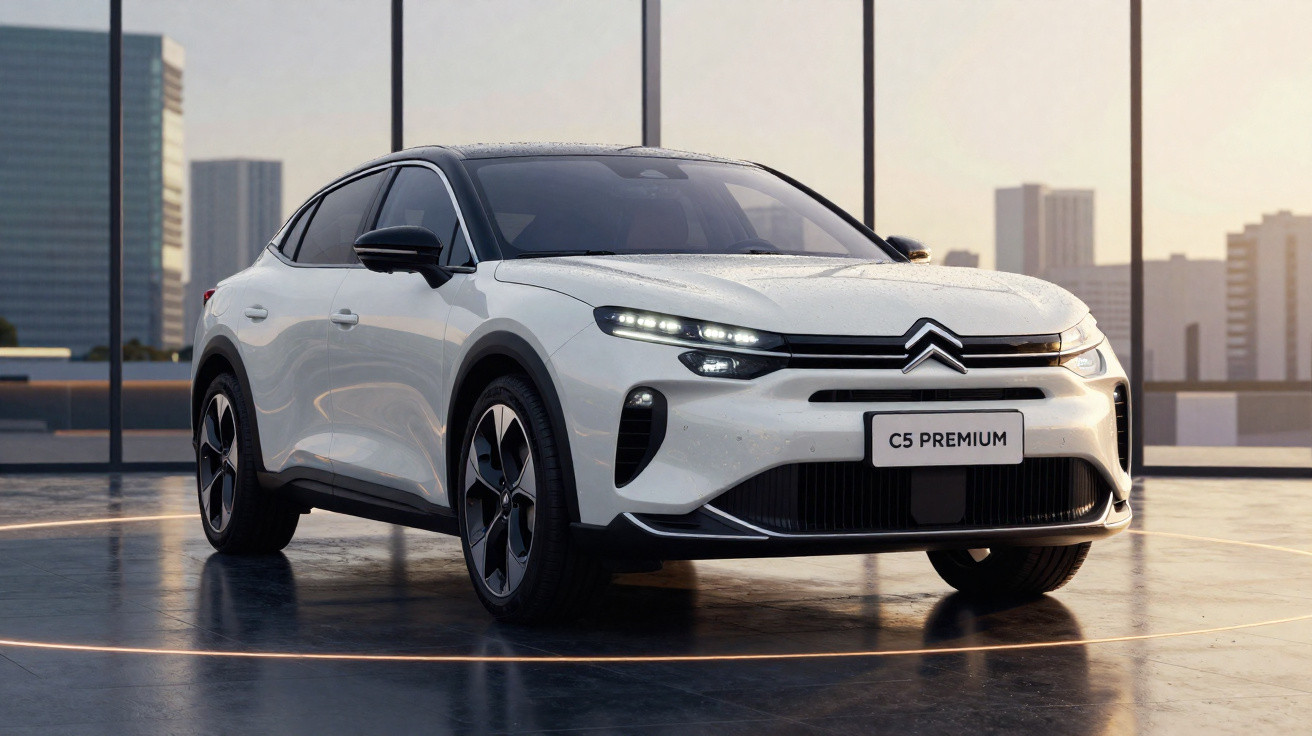 Carro SUV branco Citroën C5 Premium estacionado em ambiente urbano com edifícios ao fundo.