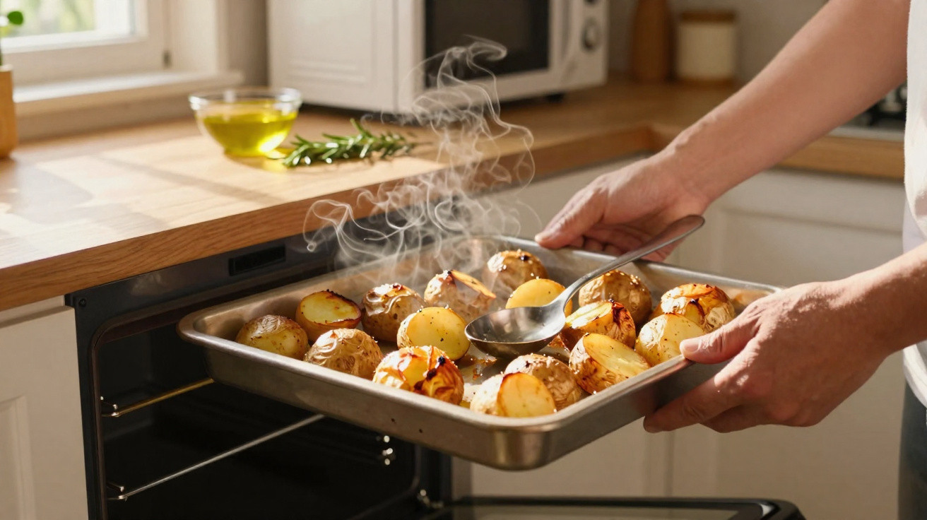 Pessoa retirando assadeira com batatas assadas quentes do forno em cozinha iluminada.