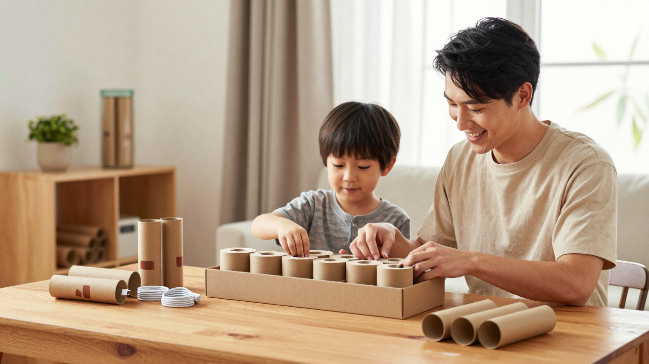 Pai e filho brincando juntos com tubos de papelão em mesa de madeira.