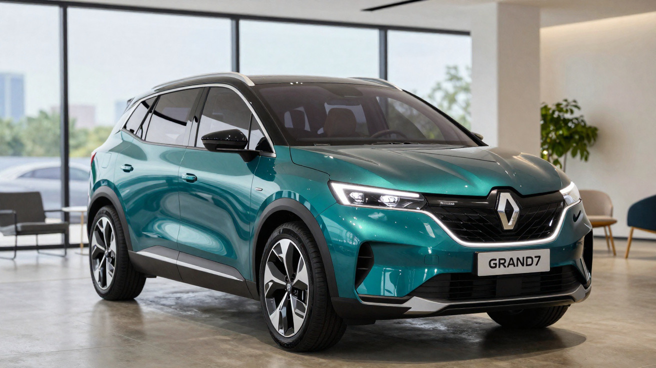 SUV Renault Grand 7 verde metálico exibido em ambiente interno com iluminação natural.