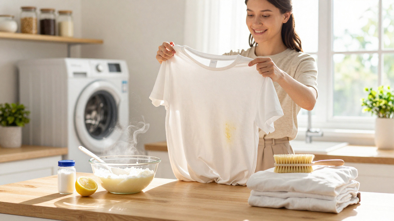 Mulher segurando camiseta branca manchada, com ingredientes para limpeza caseira e roupa lavada ao lado.