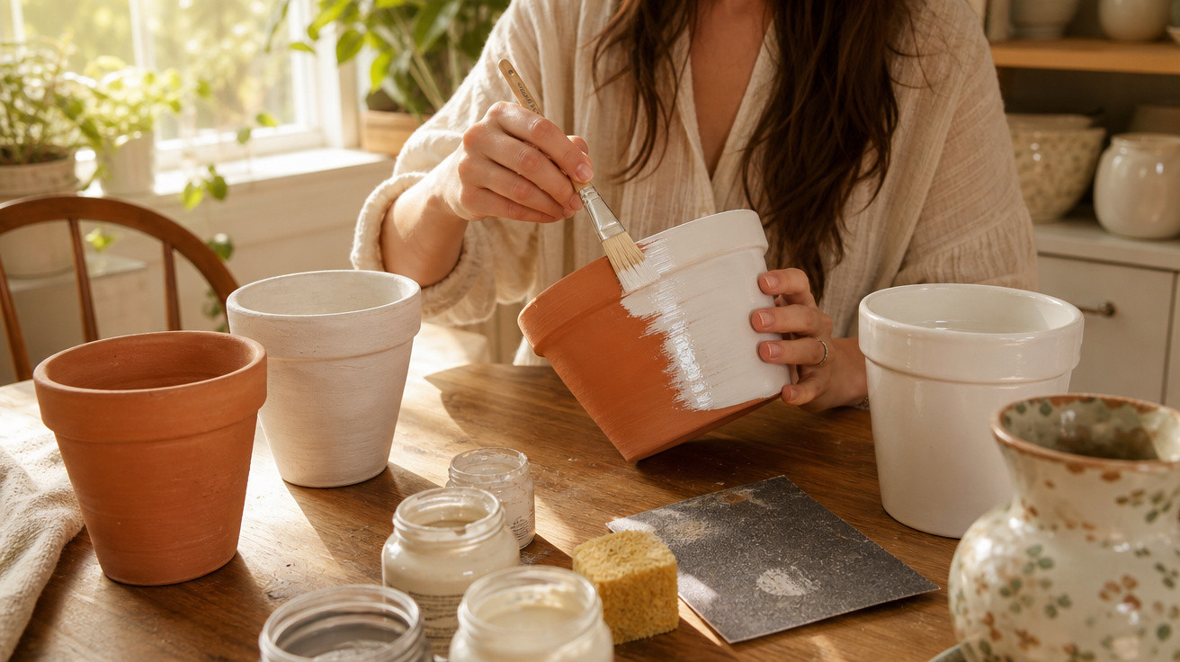 Pessoa pintando vaso de barro com tinta branca em mesa com vários vasos e potes ao redor.