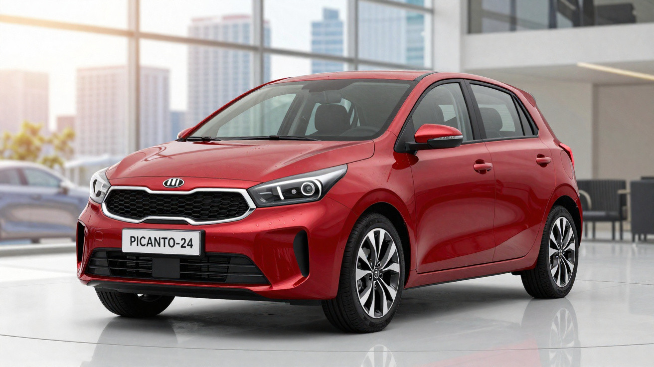 Carro vermelho Kia Picanto 2024 estacionado em ambiente interno moderno e iluminado.