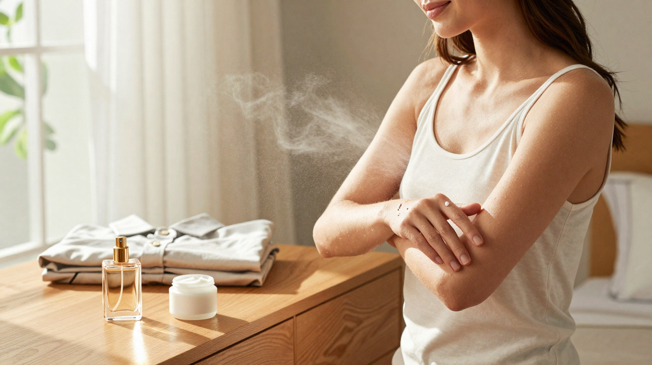 Mulher aplicando creme no braço ao lado de frascos e roupas sobre mesa de madeira com luz natural.