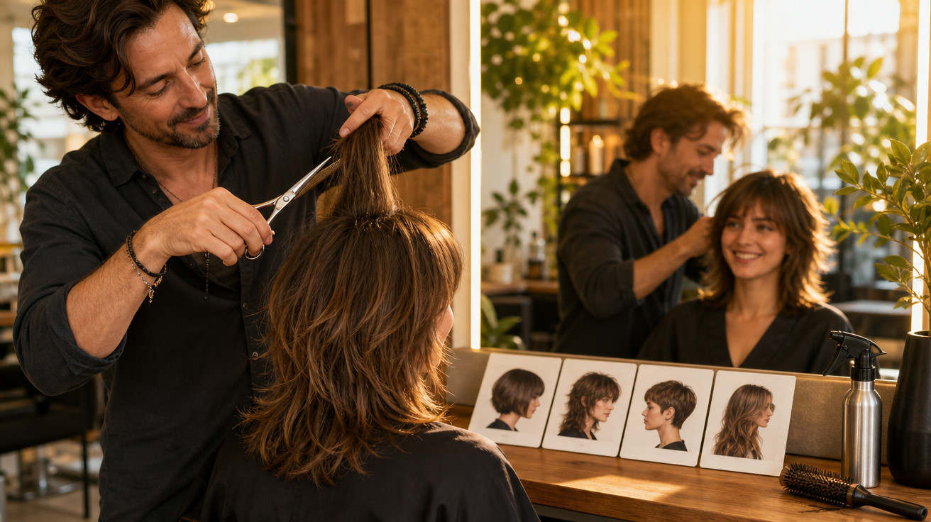 Cabeleireiro cortando o cabelo de uma mulher sorridente em salão de beleza moderno e iluminado.