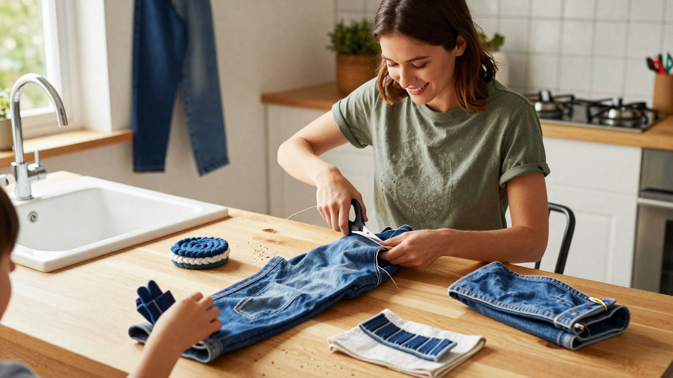 Mulher sorrindo corta calça jeans sobre mesa de madeira em cozinha enquanto criança observa.