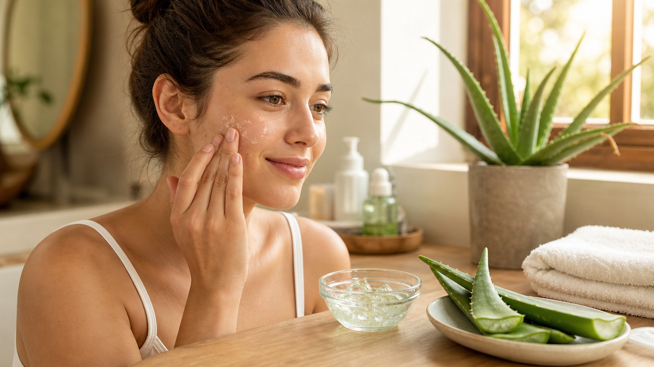 Mulher aplicando creme no rosto com planta de aloe vera e toalhas ao lado em bancada iluminada.
