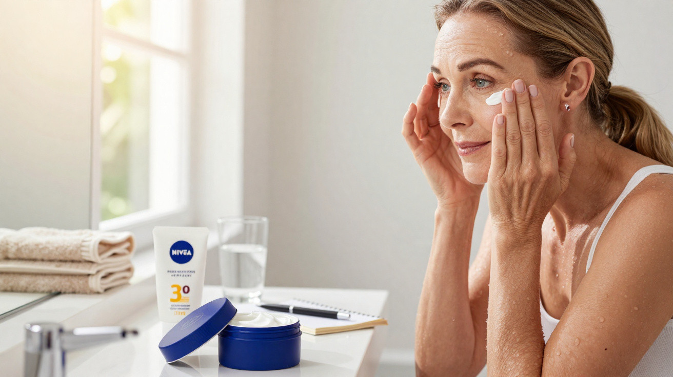 Mulher aplicando creme facial com produtos Nivea sobre pia iluminada por janela.