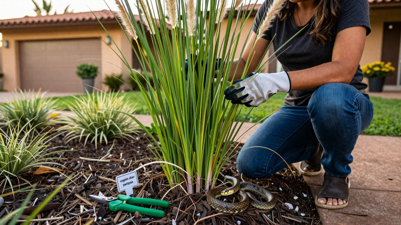Pessoa com luvas cuidando de planta em jardim com cobra enrolada no chão próximo a tesoura de poda.