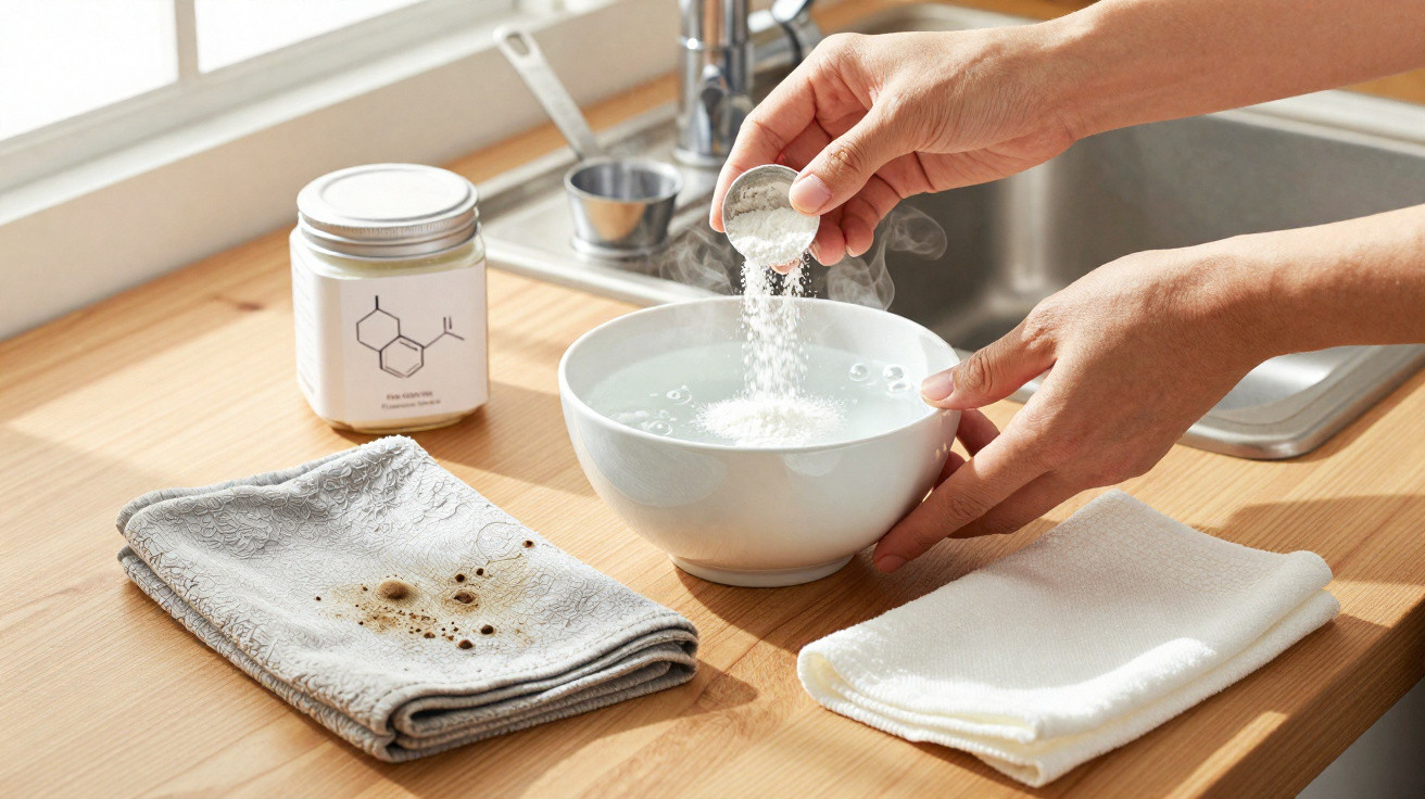 Mãos despejando pó branco em tigela com água para limpar manchas de café em pano cinza na bancada.