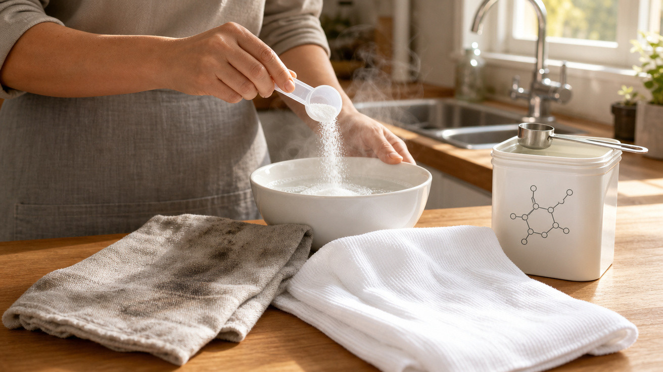 Pessoa adicionando detergente em pó em uma tigela com água para lavar roupas sujas na cozinha.