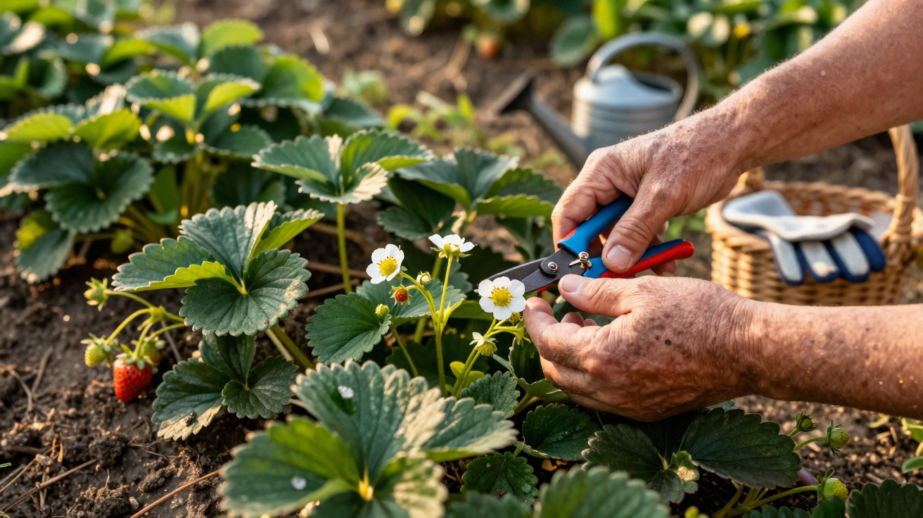 Mãos podando flores de planta de morango em jardim, com cesta e luvas ao fundo.