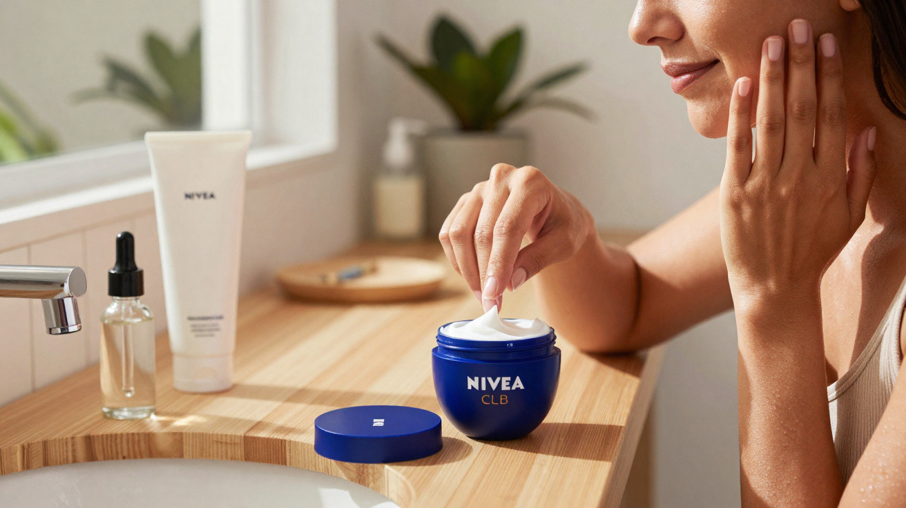Mulher aplicando creme facial Nivea na pele perto da pia em banheiro com plantas ao fundo.